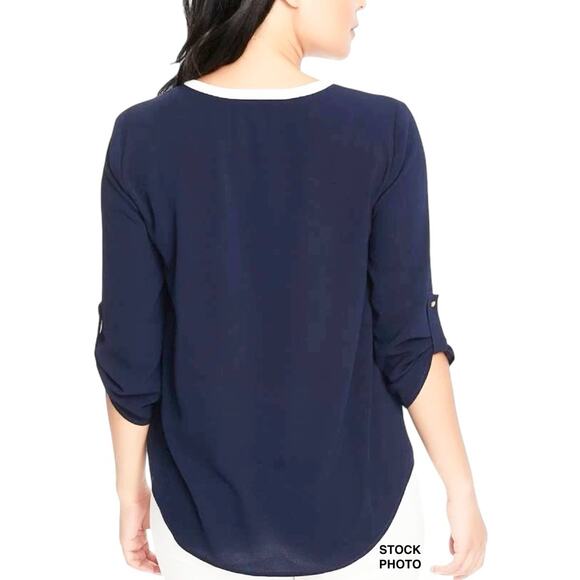 Chaus New York Navy Blue Zip Front Blouse Size L 3/4 Sleeve Roll Tab Career Top - Picture 8 of 9
